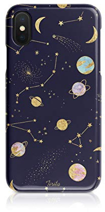 Tirita Hard Phone Case Compatible with iPhone X & Xs Hard Cover PRINTED GLITTER, NOT REAL GLITTER Space Stars Moon Planets Navy Blue Constellation