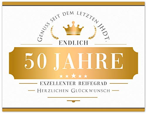 Flaschenetikett Endlich 50 Jahre, Aufkleber, Etikett selbstklebend, weiß Gold, Geschenk zum Geburtstag für Mann und Frau, witzige Dekoration