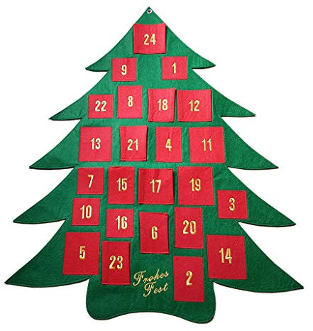 Adventskalender zum Befüllen und Aufhängen - Weihnachtsdeko - Dekoration zu Weihnachten (Frohes Fest-Aufschrift, wiederverwendbar, Tannen-Design, Filz/Stoff, Größe: 74x64 cm) - 12420