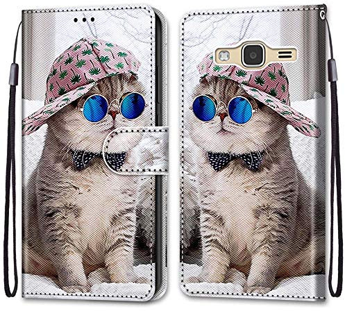 ShinyCase Für Samsung Galaxy J3 2016,PU Leder Hülle für Galaxy J3 2016 Brieftasche Handyhülle Kartenfächer Magnetholster Etui Stoßfest Anti-Scratch Handytasche Schutzhülle -Katze einen Hut trägt
