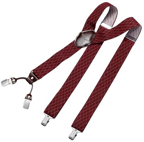DonDon Hosenträger Herren extra stark Raute rot 3,5 cm Hosenträger Herren breit mit brauem Leder in Y-Form lang - Starke Clips passend für Anzug Jeans Chinos Vintage Rockabilly Suspenders