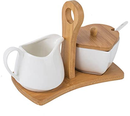 MEETOZ Ceramic Sugar and Creamer Set, 3 Piece Set, Set with Lid Spoon Base,Coffee Serving Set Wedding Gift, White