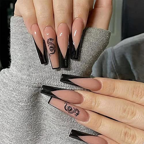 RUNRAYAY Schwarze French Press on Falsche Nägel, extra lange künstliche Nägel mit Drachenmuster, nackte Sarg-Acryl-Nägelspitzen für Frauen und Mädchen, 24 Stück