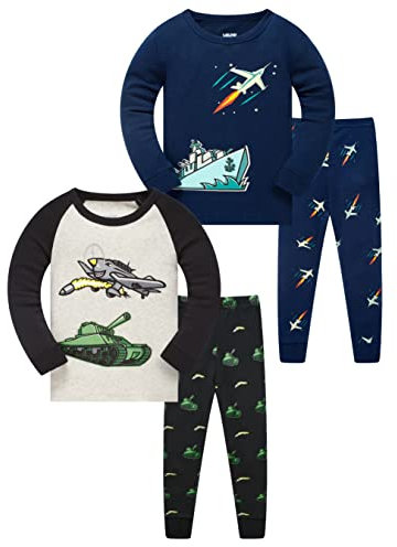 LOLPIP Pyjama 4 Pièces pour Garçons Dinosaures Rockets Shaks Truck Vêtements de Nuit 2-14 Ans, Bleu, Noir, Véhicules, 3 Ans