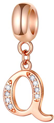 Rose Gold Letter Q Charms Alphabet Word Beads –Authentic 925 Sterling Silver Initial Q Dangle CZ Birthstone, fits Pandora Women Bracelet, for Anniversary/Wedding/Graduation Gifts