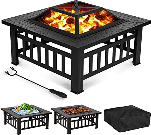 CCBUY Braciere Esterno 3 in 1 con Barbecue Griglia Riscaldatore, Grigio, Quadrato, Ghisa, Compatibile con Metalli e Vetro Resistenti al Calore