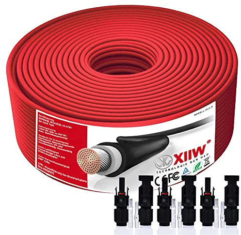 Câble solaire 10 mm² 50 m - 10 mm² - Avec fiche solaire 65 A - Câble solaire photovoltaïque - Rallonge IP67 - Rouge - Pour centrale de balcon, panneau solaire, PV, pose à la terre - Sans halogène