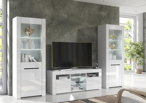 Furneo Milpuz white – High Gloss & Matt White Living Room Set, TV Stand & Display Cabinets, White LED Lights