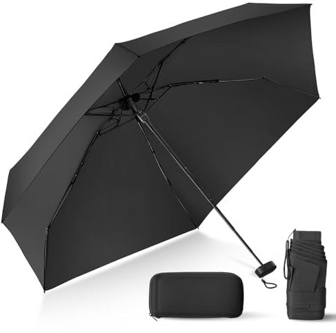 LEAGERA Kompakter Reise-Regenschirm mit Tasche, Mini-Regenschirm für Geldbörse, klein, leicht und winziges Design, perfekt für Sonnenschirme, Outdoor-Sonnenschirme und Regenschirme, 1010. Schwarz, 5.9
