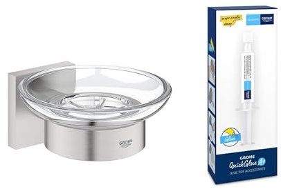 Lot de GROHE Start Cube Porte Savon avec Support pour Salle de Bain, Supersteel, Chromé, 41096DC0 + GROHE Kit colle Quickglue A1, 41127000