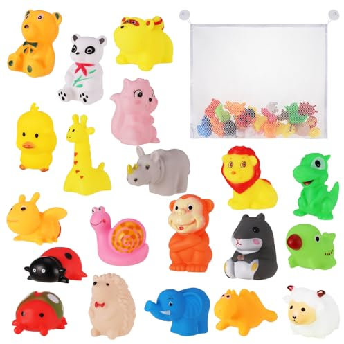 FANTESI 20 Pcs Baby Bath Toys Floating Bath Toys Rubber Animal Toy With Mesh Bath Toy Storage Floating Animal Bath Toy Swimming Toys For Kids Toddler Gift