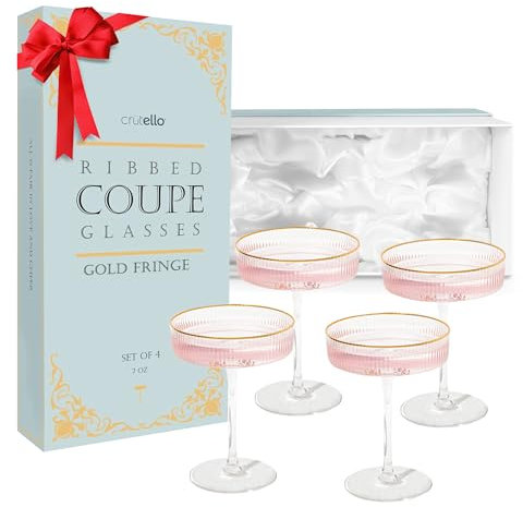 Crutello Champagne Coupe Glasses Set of 4, Gold Rim, 7oz Vintage Cocktail Glass, Ribbed Fluted Glassware for Champagne, Martini, Manhattan, Cosmopolitan, Spritz & Frozen Drinks