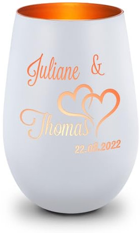 GRAVURZEILE Deko Windlicht aus Glas mit Gravur - Die große Liebe - Personalisiert mit Name & Datum - Persönliche Geschenke für Frauen und Männer zur Hochzeit - Weiß/Bronze