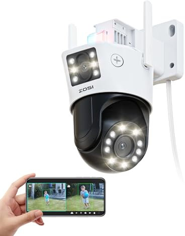 ZOSI 8MP Pan/Tilt WLAN Überwachungskamera Aussen mit Dual-Objektiv (4MP+4MP), 2.4GHz WiFi Kamera, 8X Hybrid-Zoom, KI Erkennung, Plug-in Strom, C298