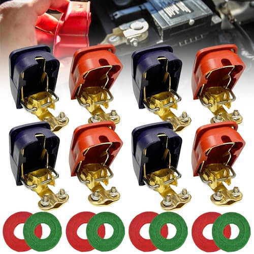 4 Paar Auto Batterieklemmen, 12V Autobatterie Klemmen, KFZ Batterie Schnellklemmen, Polklemmen Autobatterie, Batteriepolklemme Set mit Batterieunterlegscheiben für Motorrad Truck (Positiv/Negativ)