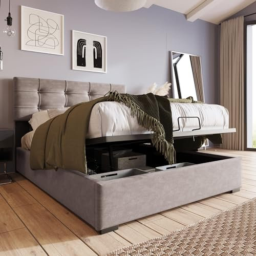 HYUB Polsterbett 90 x 200cm mit Lattenrost, Hydraulisch Samt Gepolstertes Bett mit Bettkasten und Verstellbares Kopfteil, Einzelbett Bettgestell für Kinder&Jugendliche, Grau(Ohne Matratze)