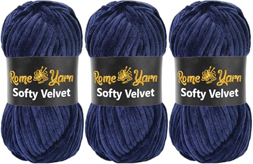 Rome Yarn Filato Softy Velvet | #5 Grosso, Soffice, Morbido, Peloso, Lussuoso Filato di Ciniglia per Uncinetto e Maglia | Ideale per Plaid e Progetti Fatti a Mano (3 Gomitoli, 917 Blu navy)