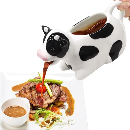 RAISLY Ceramic Gravy Boat, 11oz White Gravy Boat Milk Cow Sauce Jug with Smooth Handle - Perfect for Salad Dressing, Broth, Cream, Milk - Unique Artwork for Your Kitchen