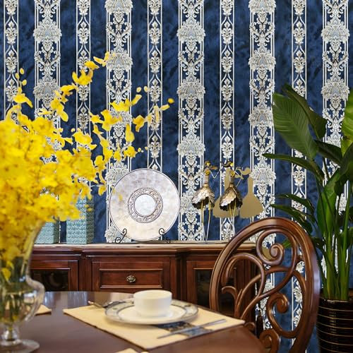 BaierSai 9.5X0.53m Luxury Gold Damask Stripes Matt 6 Colors Waterproof Embossed Textured PVC Wallpaper Roll for Bedroom Livingroom 1.73' W x 31.2' L=5.035㎡ (54sq.ft) (Navy Blue)