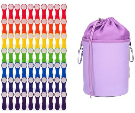 trendfinding Lot de 70 pinces à linge arc-en-ciel multicolores blanches avec plumes en acier inoxydable et poignée souple, 1 sac à pinces à linge en toile violet/gris