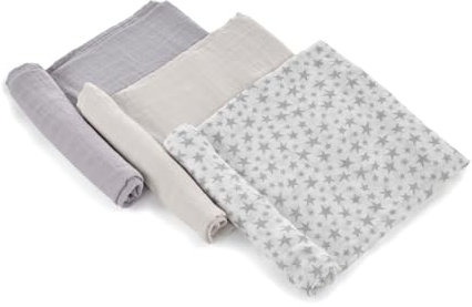 Jané 3er Pack Mehrzweck-Mulltücher, Stillen, natürliches Baumwoll- und Bambusgewebe, Staubmilbenschutz, Ökologisch, 80 x 80 cm, Grau