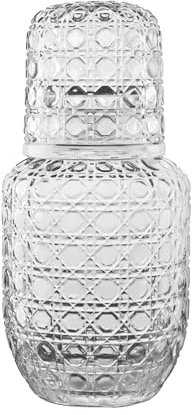 Bedside Water Carafe and Glass Set for Bedroom Nightstand, Bedside, Ticked Glass Mouthwash Decanter for Bathroom, Water Pitcher Set 550 ml / 18.5 oz