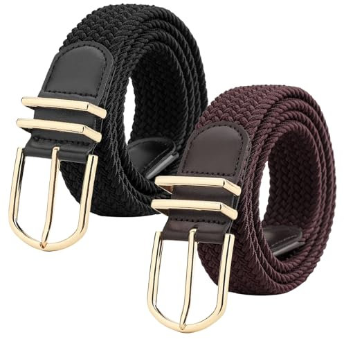WERFORU Unisex Geflochtener Elastischer Gürtel 2 Stücke Stretch Gürtel für Männer und Frauen Verstellbarer Stoffgürtel für Jeans und Hosen Schwarz+Kaffee