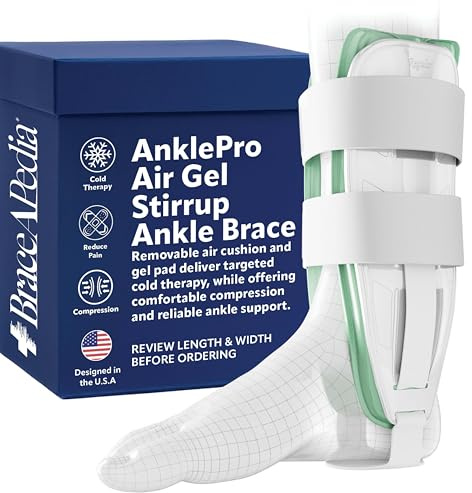 Braceapedia AnklePro Air Gel-Steigbügel-Knöchelbandage, verstellbarer und zuschneidbarer Seitenstabilisator mit abnehmbarem Kältetherapie-Luftkissen und Gel-Pad für Knöchel, Schwellungen und Fußstütze
