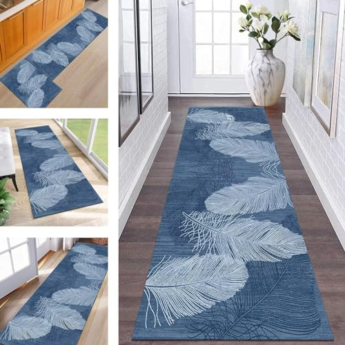 ZESEWU Teppich Läufer Flur Küche Waschbar rutschfest Korridor Teppichmatten 60X150CM Blau Abstrakt Küchenteppich Flurteppich Schlafzimmer Esszimmer Polyester Teppichläufer Meterware Anpassbar