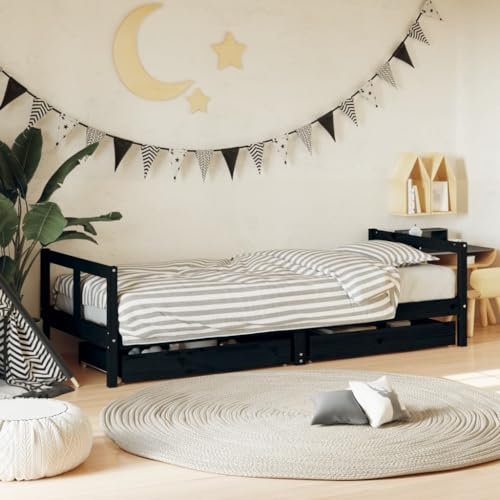 Hommdiy Kinderbett, Kinder Bettgestell mit Schubladen, Hausbett für Kleinkinder ab 4 Jahren, Einzelbett Kinder Jugendbett Holzbett Stil A,80 x 200 cm,Schwarz