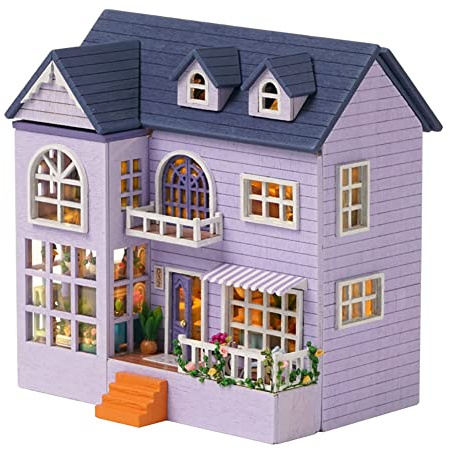 iiecreat Miniatur Puppenhaus Bauset, Haus Kit Holz Puppenhaus Kit mit Möbeln und LED-Lichtern Mini Haus Bauset für Geburtstagsgeschenk (Happy Manor)
