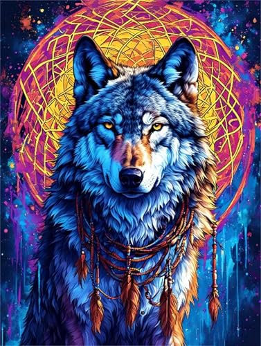 Malen Nach Zahlen Erwachsen, Handgemalt Ölgemälde Kit für Anfänger und Erwachsene mit 3-Pinseln und Acrylfarbe, Wolf Traumfänger Malen Nach Zahlen Kinder für Basteln Zuhause Geschenk 60x80cm s-3375