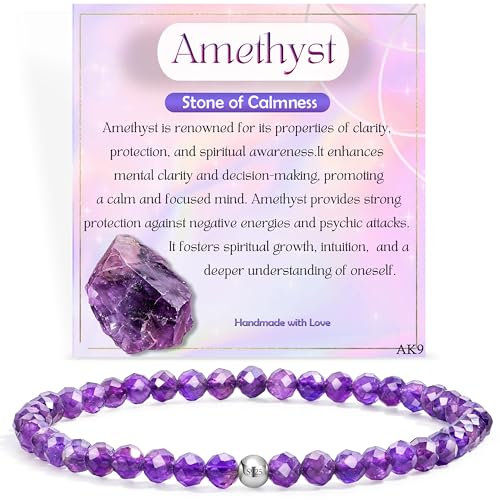 Amethyst - Calmness - Edelstein Perlen Armband für Frauen, 4mm Kristall Silber 925 Naturstein Schmuck Elastisch Armbänder Damen, Chakra Spirituelle Charms Armbänder Geschenke