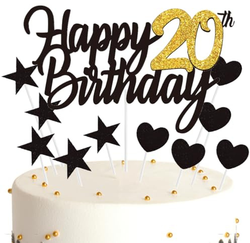 Ouceanwin Tortendeko 20 Geburtstag Frau Mann, Cake Topper Happy 20th Birthday Deko Schwarz Gold, Glitter Kuchendeko Geburtstag 20 Jahre Kuchen Topper 20. Geburtstag Frauen Männer
