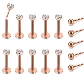 PiercingJak 10stk Lippenpiercing Chirurgenstahl Labret Stud Ohrstecker Tragus Helix Piercing mit Zirkonia Kugel Ohrpiercing Stecker 1.2mm, Rosegold
