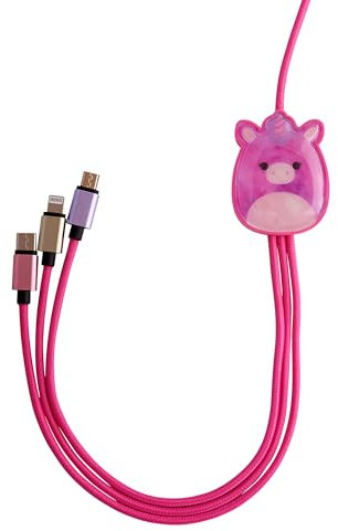 Squishmallows Lola Unicorn - Cable de carga 3 en 1 para iPhone, Samsung, Huawei, Sony y LG, incluye un cable micro USB, USB-C y conector Lightning. Carga 3 dispositivos a la vez. 1,2 m de longitud