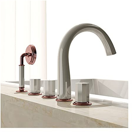 Rubinetto per lavandino della vasca, rubinetto per lavandino del bagno a 2 maniglie e 5 fori con doccetta, rubinetto per vasca da bagno in ottone, miscelatore per acqua calda e fredda, bianc