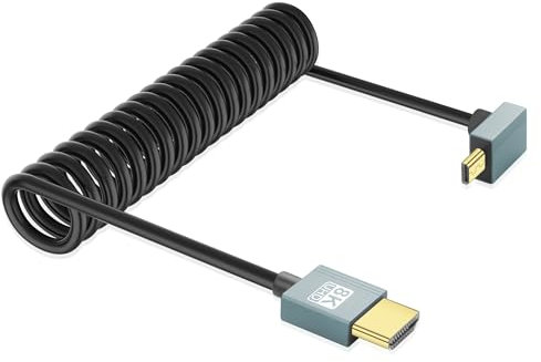 JSADZKJ 90 Degree Micro HDMI to HDMI Cable Coiled HDMI Male to Micro HDMI Male Cable Adapter 8K@60Hz 48Gbps HDMI 2.1 Cord Compatible with Digital Cameras,Camcorders,Tablets 3.28FT (Down Angle)