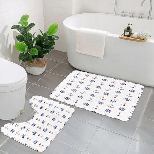 KGDHY Badezimmermatten-Sets 2-Teilig,Anker, Maritimes Design Anker und Schiffsräder Druck auf dem weißen Hintergrund,Bad und WC-Vorleger-Set,rutschfeste Badezimmerteppiche wasserabsorbierende