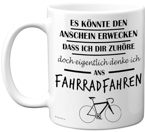 Stuff4 Fahrradgeschenke für Männer und Frauen – Eigentlich Denke Ich Ans Fahrradfahren – Lustige Geschenke für Radfahrer, Biker, Mountainbike – 325 ml Premium-Keramiktasse, Spülmaschinenfest