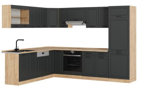 Vicco Eckküche R-Line, Anthrazit Landhaus/Goldkraft Eiche, 287 x 227 cm | 12 Module · Höhenverstellbare Füße · Arbeitsplatte Eiche · MDF-Fronten · Mit Kühlschrankumbauschrank · Frei kombinierbar