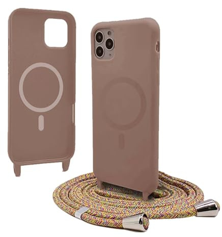 Bigcousin Funda Magnética con Cuerda Compatible con iPhone 11 Pro,Compatible con Magsafe,Silicona Caso con Correa Colgante Ajustable Collar Correa de Cuello Cadena Cordón,Marrón