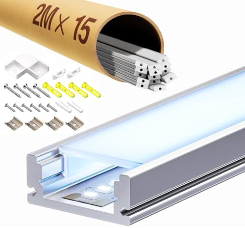 ClarivantiLED LED Profil 2m für 12mm LED-Streifen (15 Stück) – Schiene mit opalem Diffusor für gleichmäßiges Licht – Aluminium Profil zur Montage von LED Strips