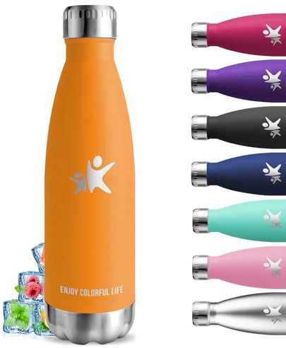 Botella Agua Acero Inoxidable, 750ml Botella Termica, sin BPA, Cantimplora Acero Inoxidable, A Prueba de Fugas, Botella Agua Gimnasio, Aislamiento al Vacío, para Escuela, Viajar, Oficina, Naranja