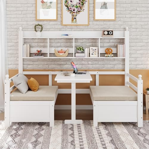 Multifunktionales Massivholz Schlafsofa 200x90 cm, 2-in-1 Bett und Schreibtisch, Frei Umbaubar, Mit Bücherregal Zur Aufbewahrung, Mit Bequemen Kissen, Gästebett Einzelholzbett (Weiß)