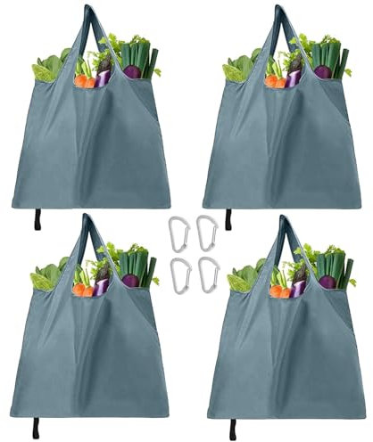 4 Piezas Bolsas de la Compra Plegables con 2 Hebillas de Mosquetón, Bolsa de la Compra Reutilizable, Bolsas de la Compra Lavables, Bolsas Reutilizables de Tela, para Compras, Viajes y Camping (Azul)