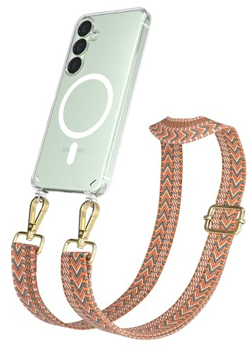 EAZY CASE Handykette - Verstellbares Taschenband kompatibel mit Galaxy S25, Schulterriemen, Handykordel mit Silikon Hülle, Qi Charging kompatibel, Umhängetasche, Orange Grün Gold