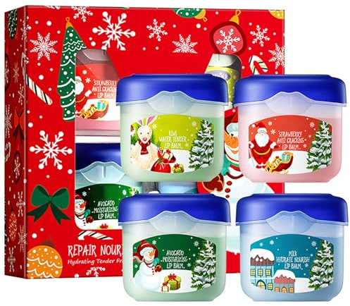 4 Stück Weihnachts Lippenbalsam Set, Christmas Lip Balm Set, Feuchtigkeitsspendend Lippenmaske, Lippenpflege, Christmas Beauty Set