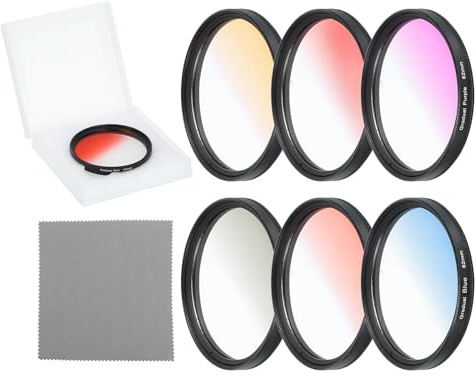 QUARKZMAN Examensfiltersats 62 mm, 6 objektivtillbehörsfilter med fodral och rengöringsduk för kamerafotografering, orange, gul, blå, lila, röd, grå