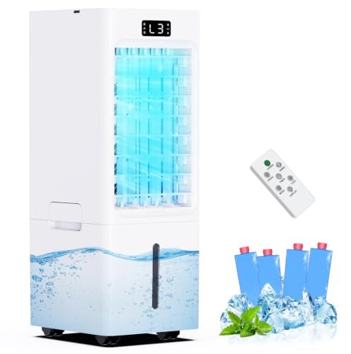 Climatiseur Mobile 4 en 1, Rafraîchisseur d'Air avec Réservoir 6L, 1-12H Minuterie, 3 Vitesses 3 Modes, 4 Pack Glacons,Télécommande, Portable, Silencieux, pour Maison Bureau